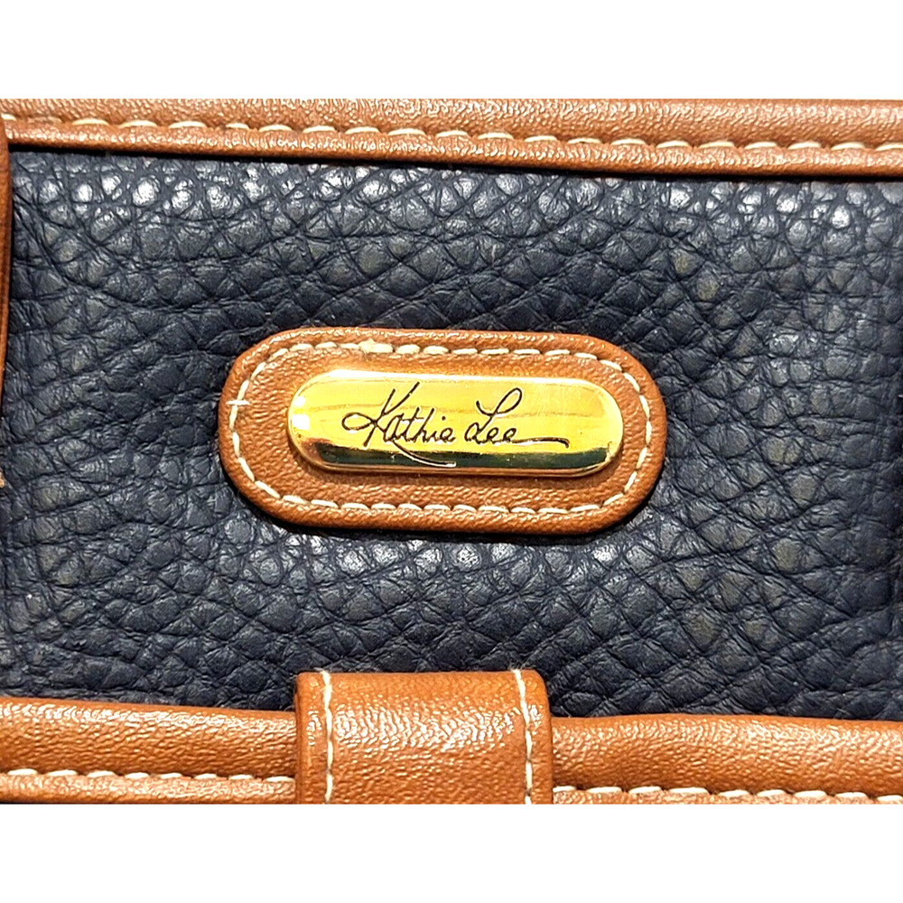 Kathie Lee Navy Brown Handbag Pebbled Faux Leather 3 Sections Mirror 11x8x4" - Picture 3 of 9